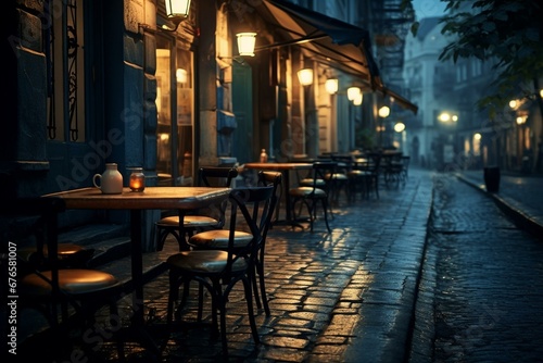 A picture capturing a peaceful ambiance at a street cafe during the early morning hours. Generative AI