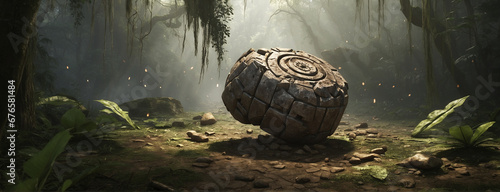 An object that fell from the sky in the middle of an ancient jungle. Damage caused by the impact is visible around the object - AI Generative