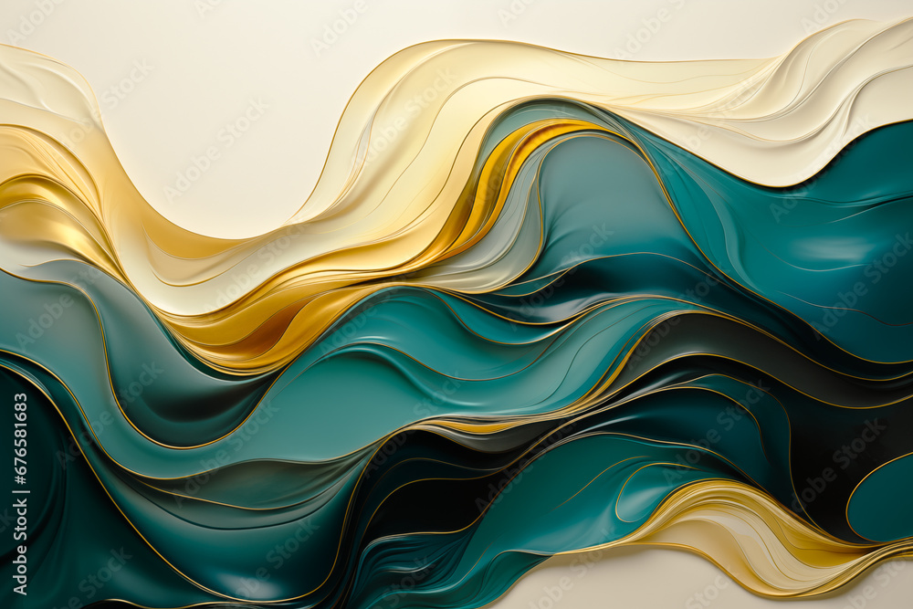Abstract gold waves with blue, aqua, teal, yellow isolated textured ...