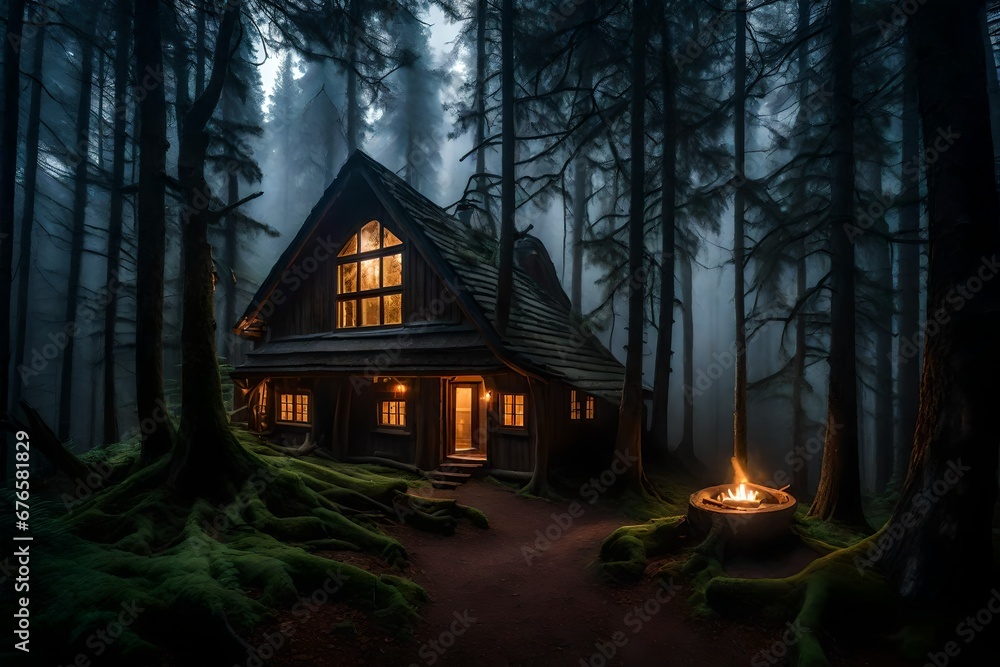 haunted house in the woods, A cabin with a view in the heart of a dense, misty forest