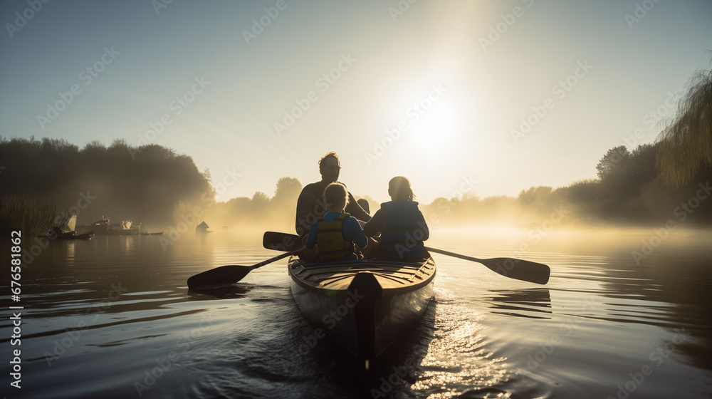 Family in canoe on enjoying water sport in the morning light Family in canoe on enjoying water sport in the morning light