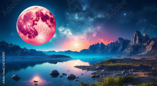 Beautiful bright moon spreading its magic to a eye-catching landscape - AI Generative