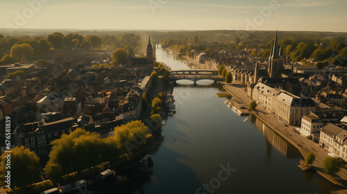 Drone view of Maastricht with river Maas at sunset