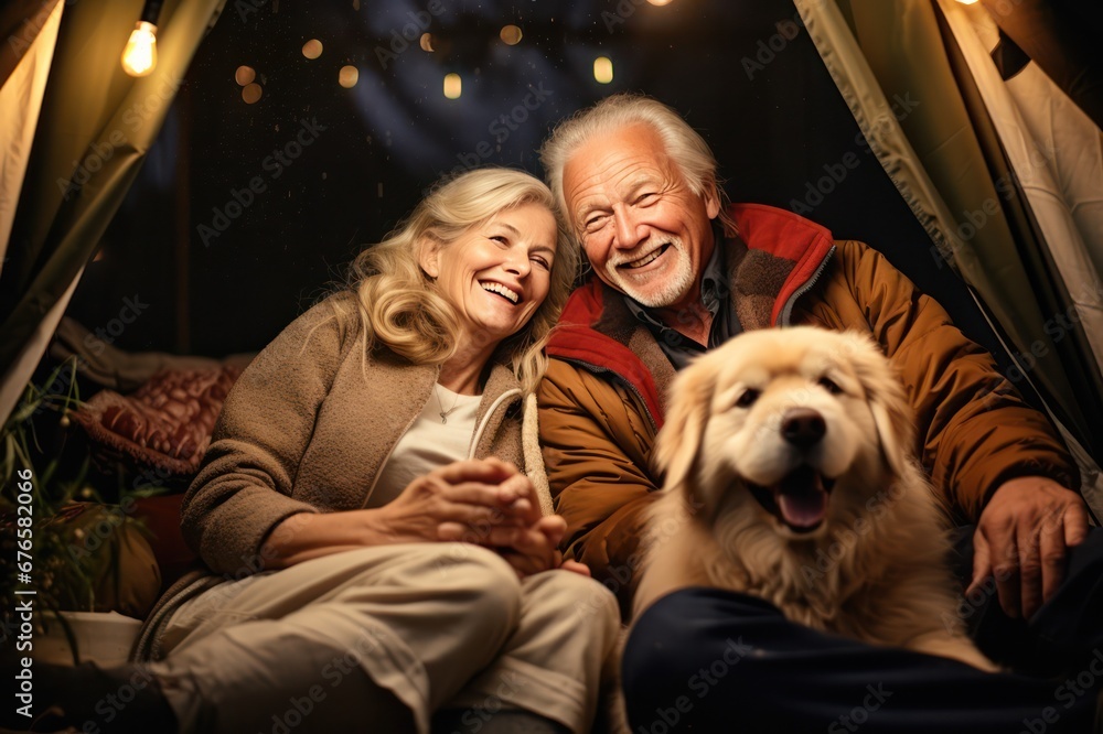 Senior couple at camping with golden retriever dog near tent traveling together. Hiking trip of married retired people. Senior couple at camping with golden retriever dog near tent traveling together. Hiking trip of married retired people.
