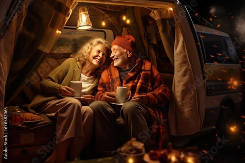 Senior couple at camping near tent traveling together. Hiking trip of married retired people. 