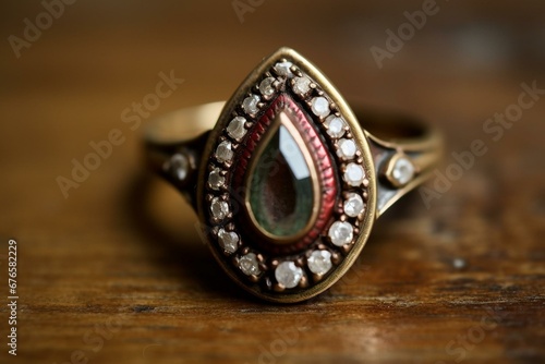 Indian traditional jewelry, antique ring with stone diamond. Generative AI