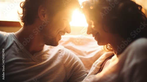 Young couple getting close to each other in the room of the house