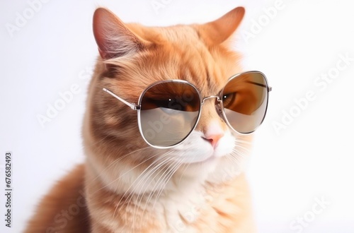 Portrait of an orange cat with sunglasses on white background.