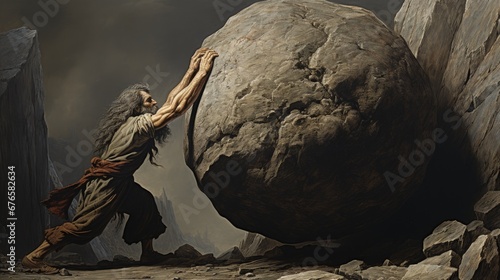 Sisyphus is pushing a rock up a mountain. The enduring symbolism of sisyphus pushing a rock up a mountain: a representation of eternal effort, mythological punishment, and philosophical reflection. photo