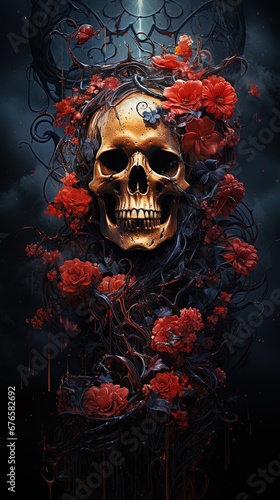 3d illustration of human skull with red rose flowers, vintage art style, old style, gothic style, canvas texture