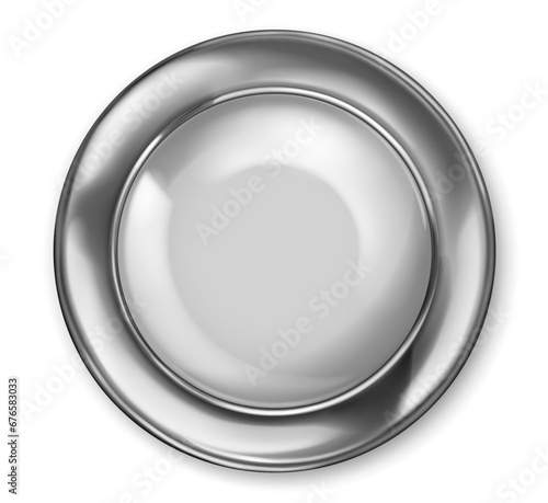 Realistic big white plastic button with shiny metallic border. With shadow on white background