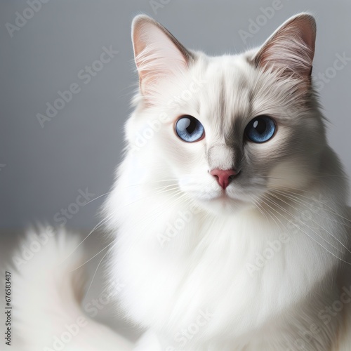Close-up portrait of a white fluffy cat with striking blue eyes and a luxurious fur