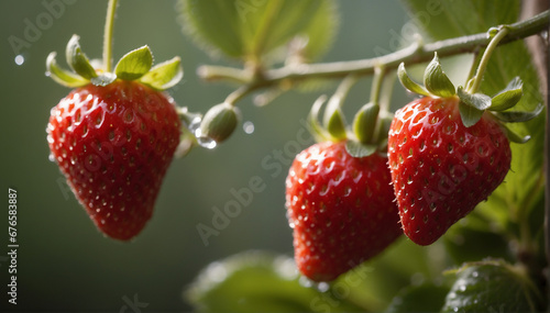 A closeup of a couple of strawberries hanging on a branch with a defocused background - AI Generative