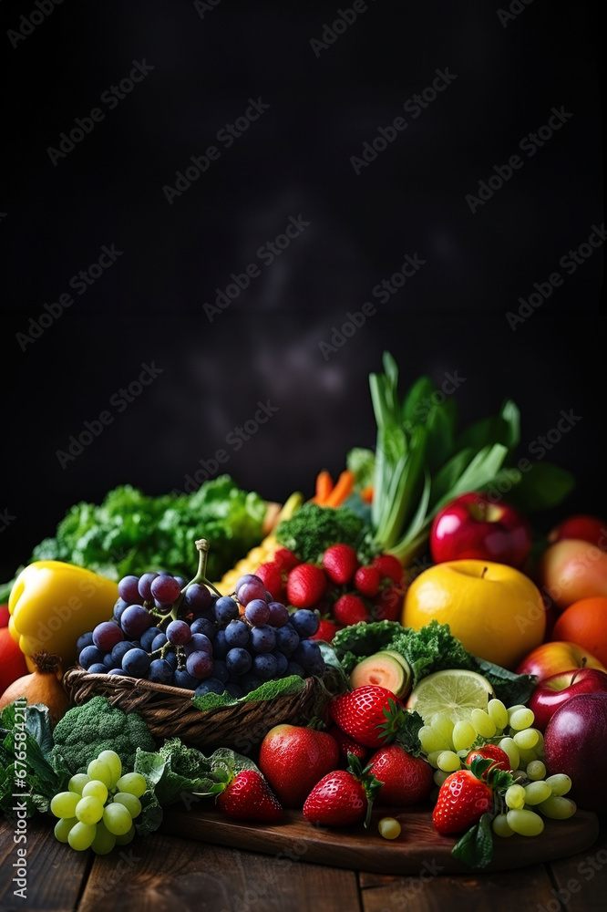 Harvest spread of vibrant fruits and vegetables on a rustic wooden table, evoking freshness and vitality.
Harvest spread of vibrant fruits and vegetables on a rustic wooden table, evoking freshness and vitality.