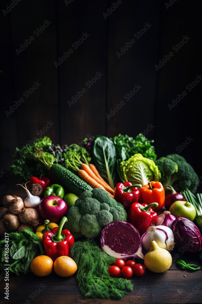 Vibrant array of fresh vegetables against a dark backdrop, highlighting organic textures and natural colors.
