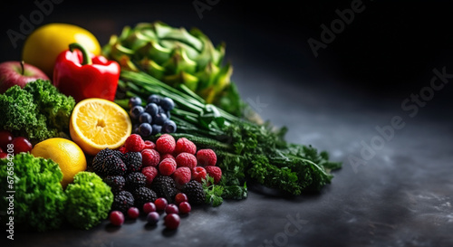 Fototapeta Naklejka Na Ścianę i Meble -  Lush fruits and vegetables spread on a dark surface, showcasing nature's colorful bounty.
