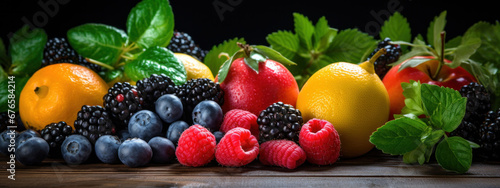Rich collection of berries and citrus fruits on a dark surface  symbolizing freshness and health. 