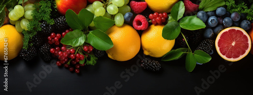 Assorted fresh fruits on a black surface, offering a spectrum of vitamins and flavors. 