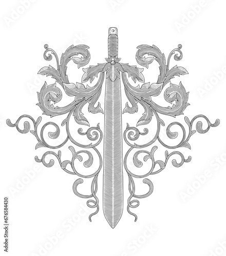 antique sword with ornament, vintage engraving drawing style illustration
