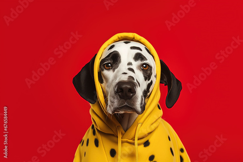 Adorable Dalmatian dog with red sweatshirt and bandana on yellow background