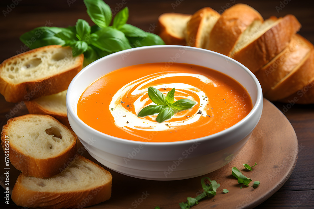 A bowl of creamy tomato soup, garnished with a dollop of sour cream and fresh basil leaves, served with a side of crunchy garlic bread. Ai Generated.NO.03 A bowl of creamy tomato soup, garnished with a dollop of sour cream and fresh basil leaves, served with a side of crunchy garlic bread. Ai Generated.NO.03