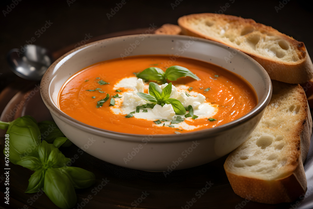 A bowl of creamy tomato soup, garnished with a dollop of sour cream and fresh basil leaves, served with a side of crunchy garlic bread. Ai Generated.NO.02