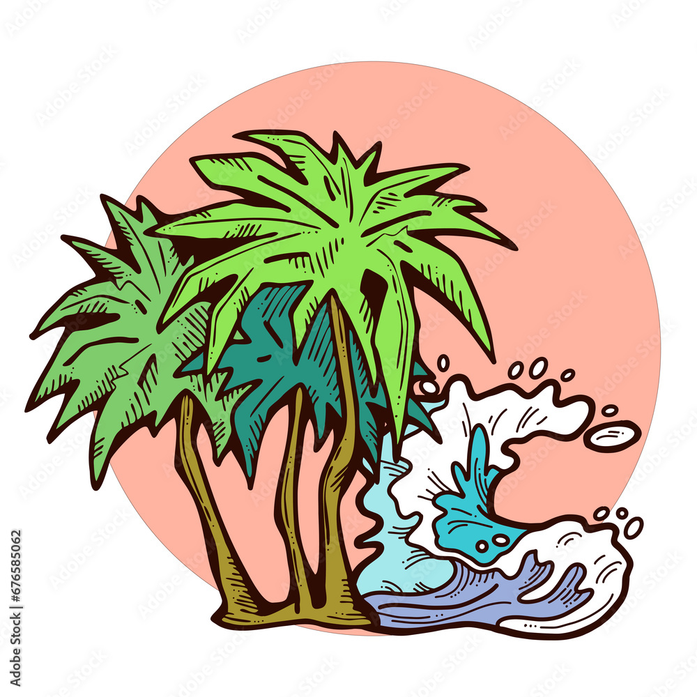 Palm and wave composition. Travel holiday, dream lagoon, spa resort, summer vacation, tropical paradise, ocean coast, sea shore design element. Hand drawn illustration, cartoon comic style drawing.