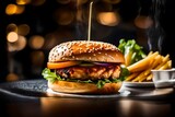 burger and fries, A delectable chicken burger rests on a glass table in a modern, high-end restaurant