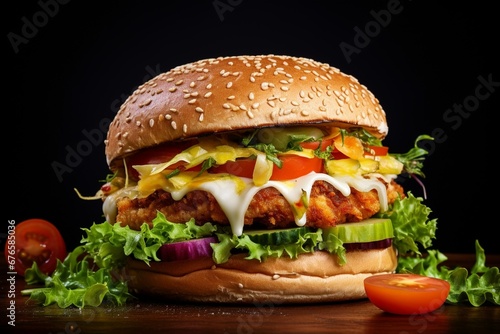 A delicious cheese chicken burger with a homemade meat cutlet and fresh vegetables. Generative AI