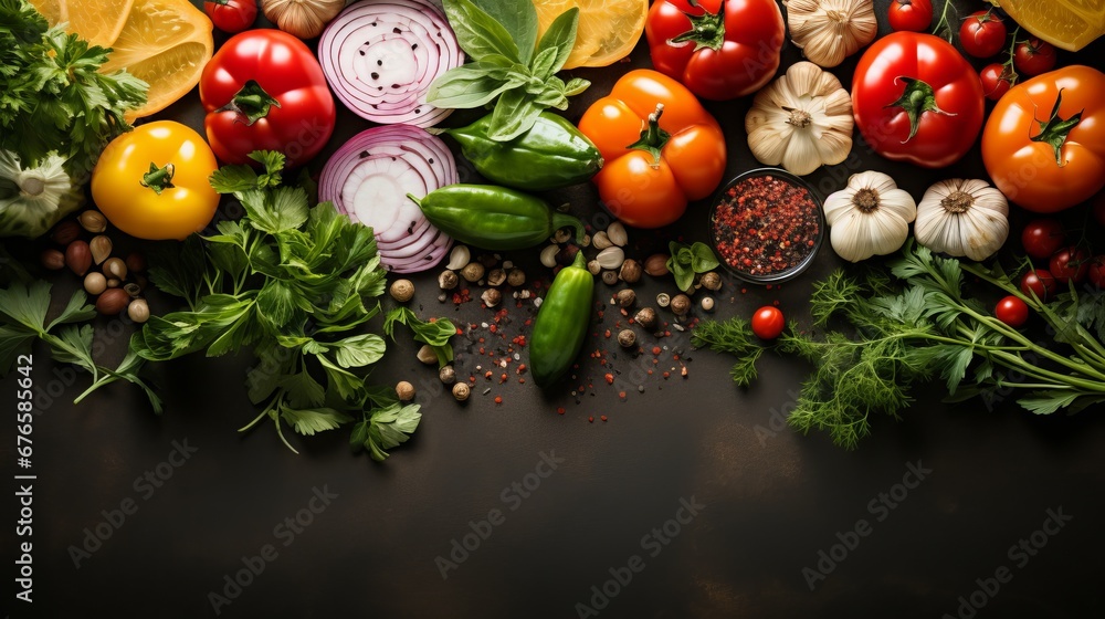 Ingredients for vegetable salad, diet and healthy food. Low calorie flatlay layout. Illustration