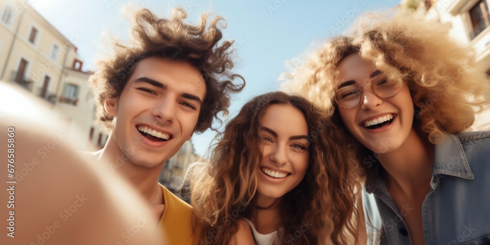 Obraz premium Group of Friends Capturing Joyful Selfie Outdoors on Vacation. Generative ai