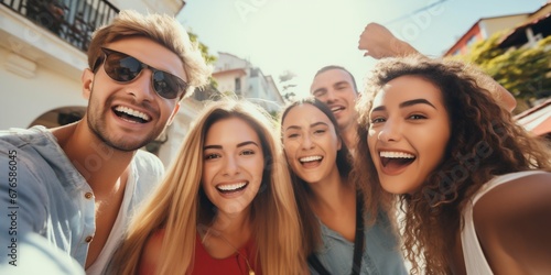 Group of Friends Capturing Joyful Selfie Outdoors on Vacation. Generative ai