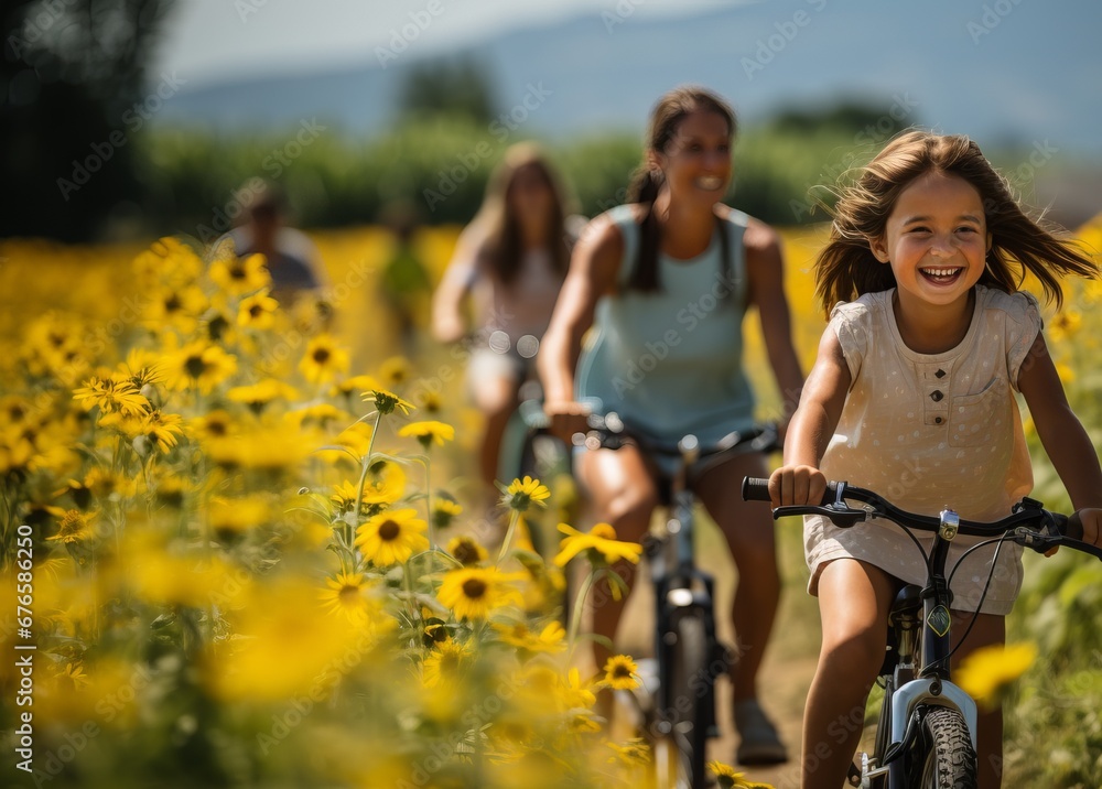 Family bike rides, walks along the paths, active recreation. Relaxing with people on transport among the flowers of the fields Family bike rides, walks along the paths, active recreation. Relaxing with people on transport among the flowers of the fields