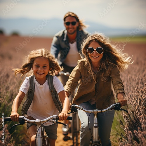 Family bike rides, walks along the paths, active recreation. Relaxing with people on transport among the flowers of the fields © Marynkka_muis