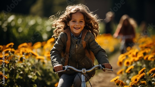 Family bike rides, walks along the paths, active recreation. Relaxing with people on transport among the flowers of the fields