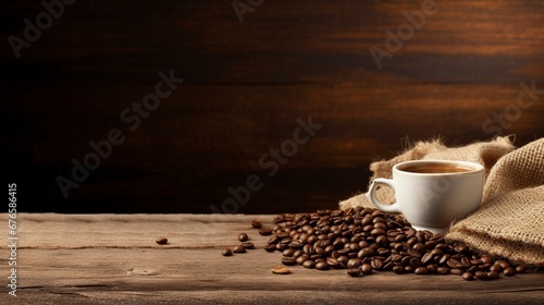 a glass of coffee and a sprinkling of coffee beans on a table with a dark background, generative ai