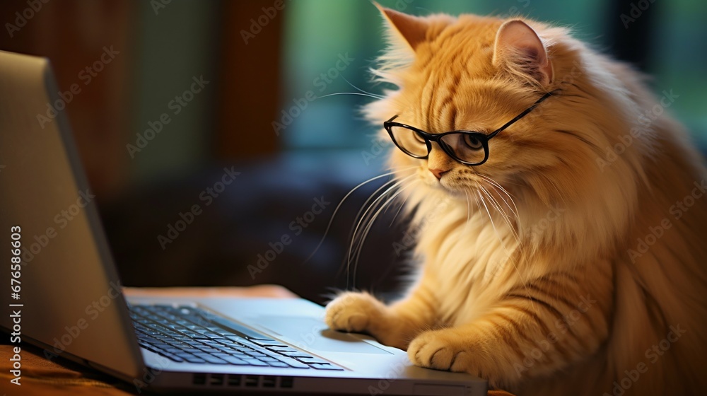 Cat with Glasses Working on a Laptop: A Quirky Concept. Generative ai Cat with Glasses Working on a Laptop: A Quirky Concept. Generative ai