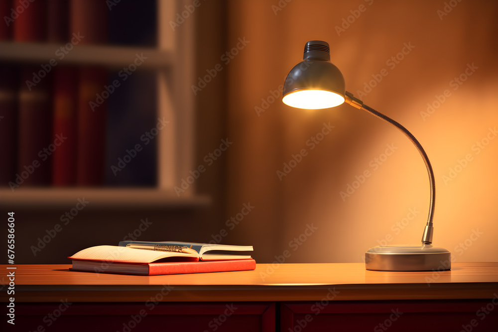 modern reading lamp,on desk,warm light from lamp. modern reading lamp,on desk,warm light from lamp.