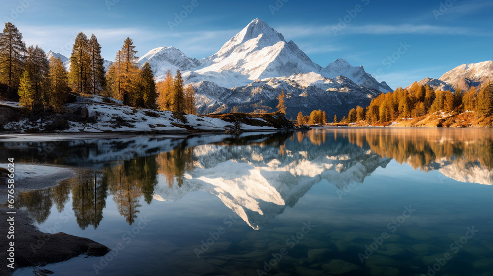 Fototapeta premium Crystal clear mountain lake, surrounded by alpine trees and snow-capped peaks, reflections on water, golden hour light