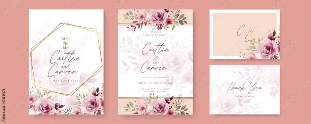Pink and beige rose beautiful wedding invitation card template set with flowers and floral