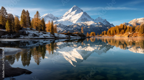 Crystal clear mountain lake, surrounded by alpine trees and snow-capped peaks, reflections on water, golden hour light