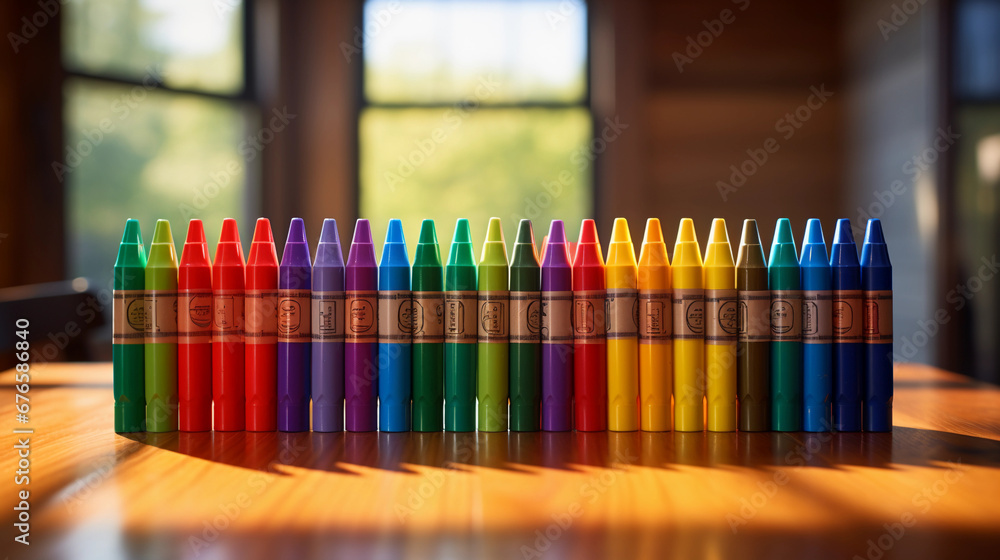 Fototapeta premium set of 24 Crayola crayons, arranged in a neat row, each crayon showing its label, pristine tips, bright and vibrant colors