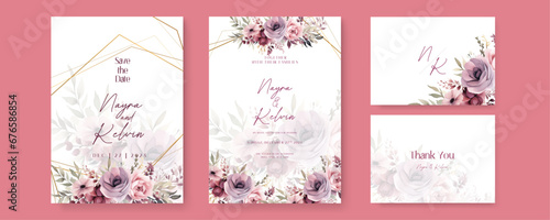 Pink and purple violet poppy elegant wedding invitation card template with watercolor floral and leaves