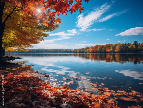 Lake surrounded by autumn foliage, deep red and gold leaves reflected on water, crisp