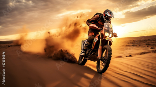 Motorcycle biker rider from Dakar Rally on desert dunes at sunset © BeautyStock