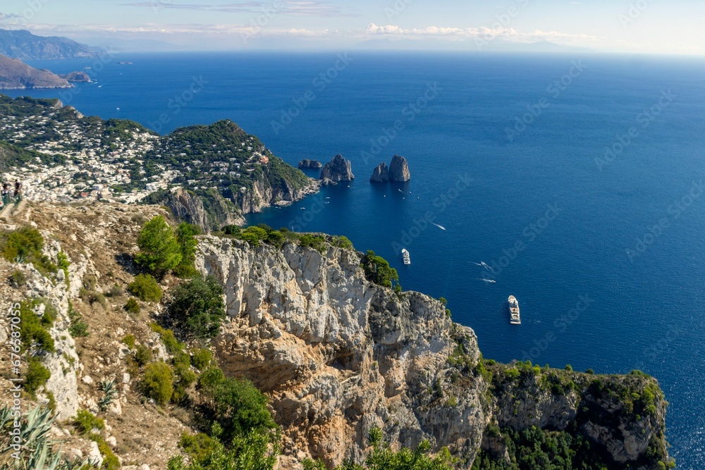 Aerial view of beautiful coastal mountains seen in Capri on a sunny day