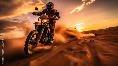 Motorcycle biker rider from Dakar Rally on desert dunes at sunset © BeautyStock