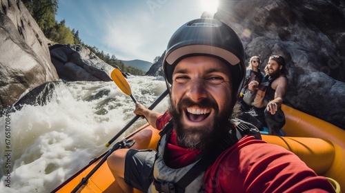 Intense Whitewater Rafting Selfie Closeup: Canoe, Kayak, and Paddling. Generative ai