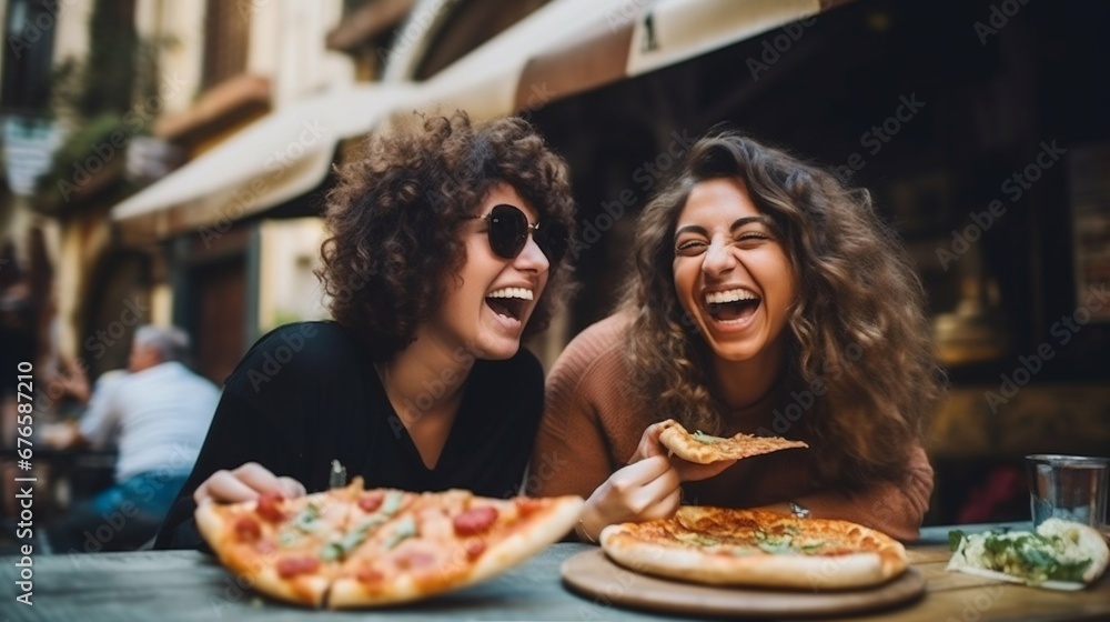 Young Women Enjoying Pizza Outdoors in the City. Generative ai