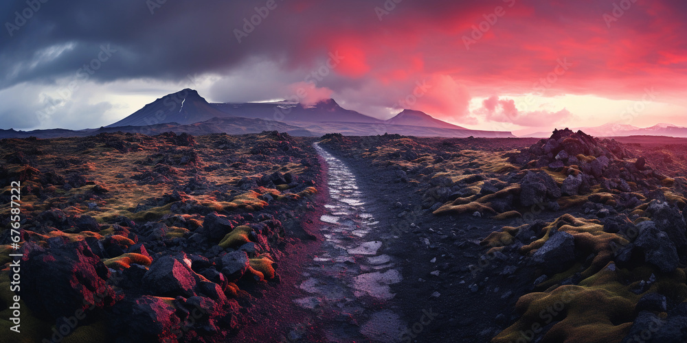 Naklejka premium hiking trail in an Icelandic lava field, unique flora, looming volcano in the background